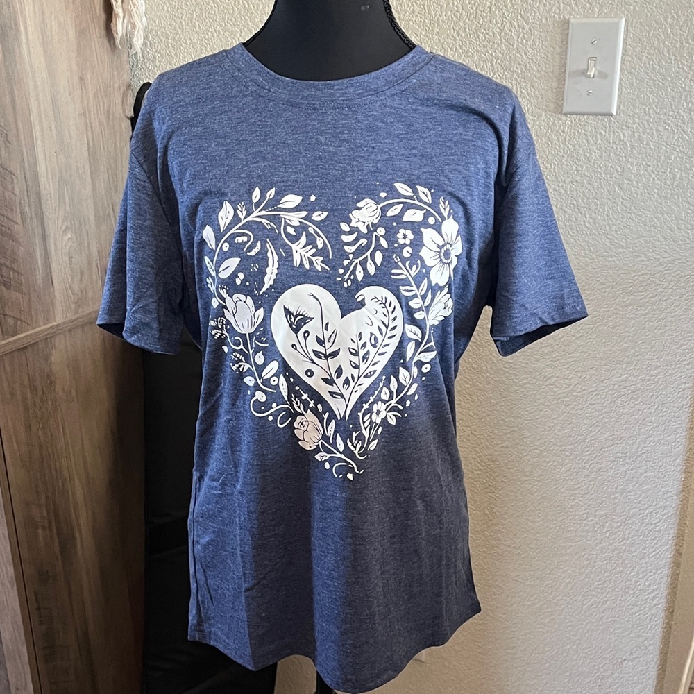 Blue T-Shirt with Heart Floral Design